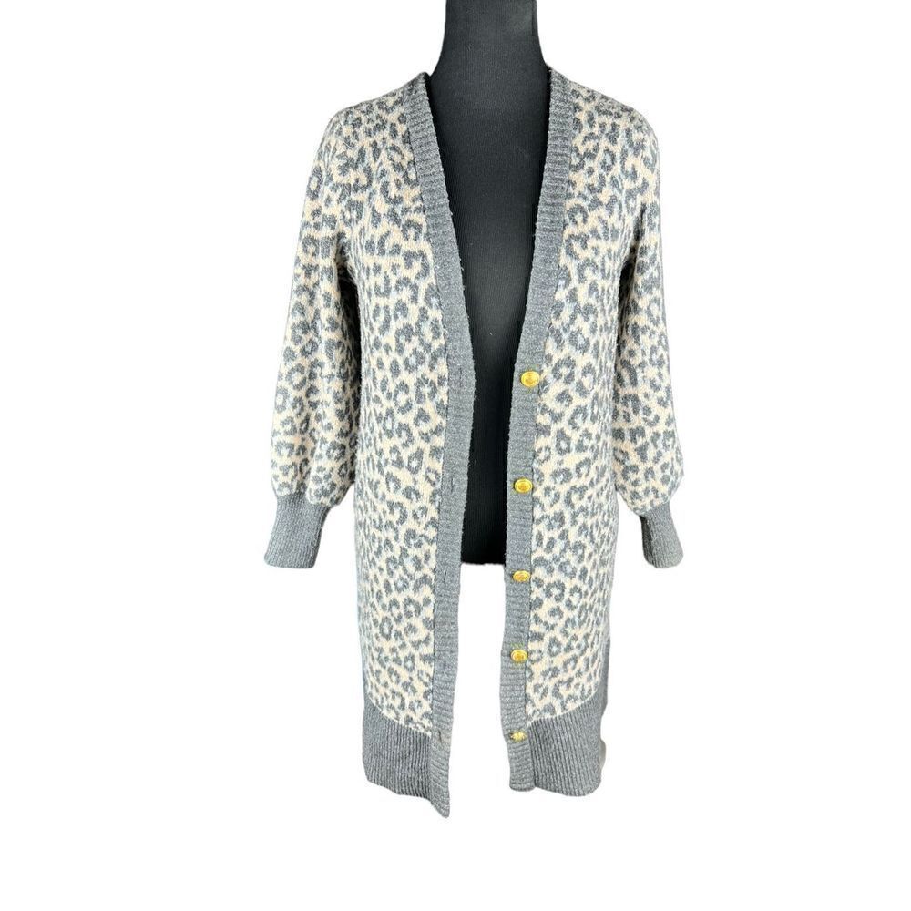 Marled leopard grey long sweater duster cardigan gold buttons soft warm medium